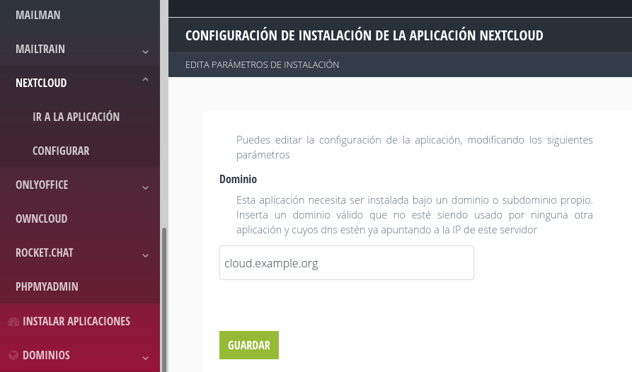Instalaciónn Nextcloud com dominio propio